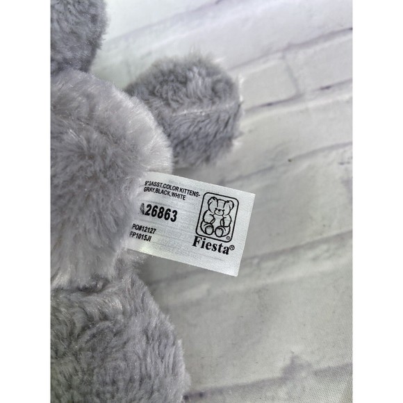 Fiesta Kitten Kitty Cat Floppy Stuffed Plush Gray White Fish Bone Bow Pink Nose - Picture 6 of 10